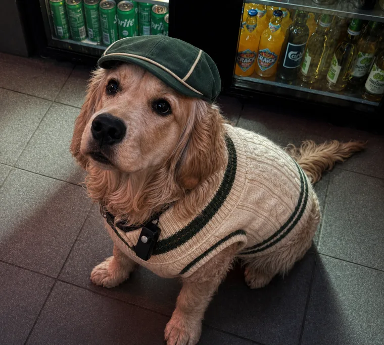 Whiskey wearing a cricket sweater and green cap at Shamrock Sports Bar