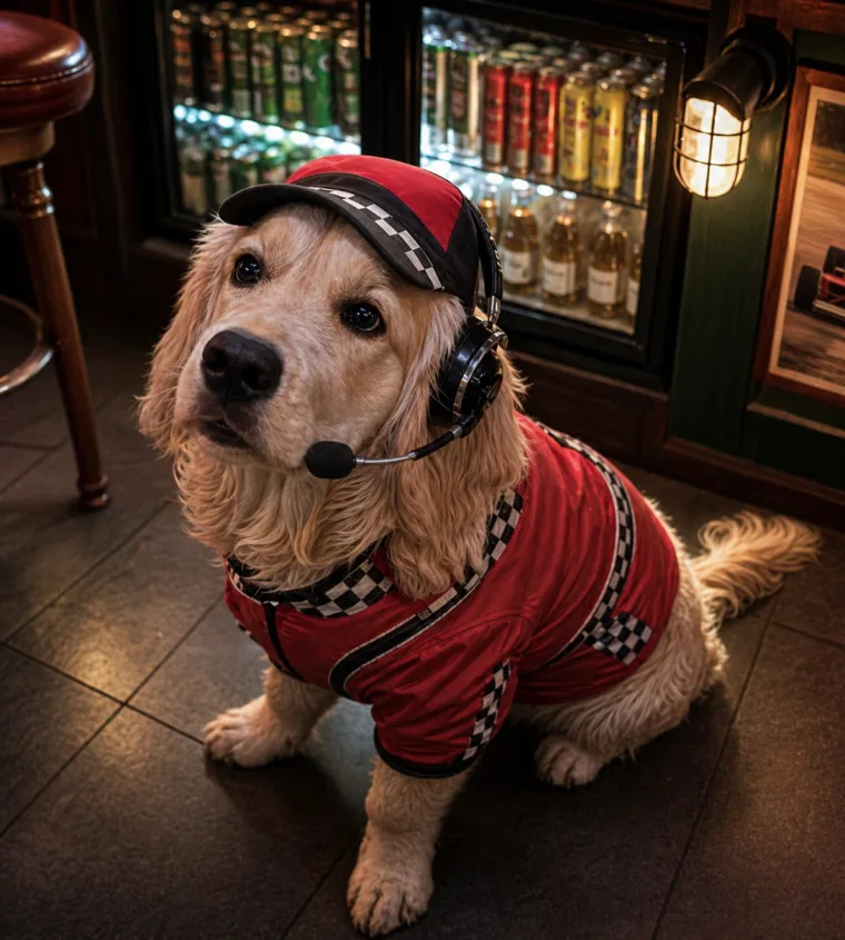 Whiskey in Formula 1-inspired racing gear at Shamrock Sports Bar