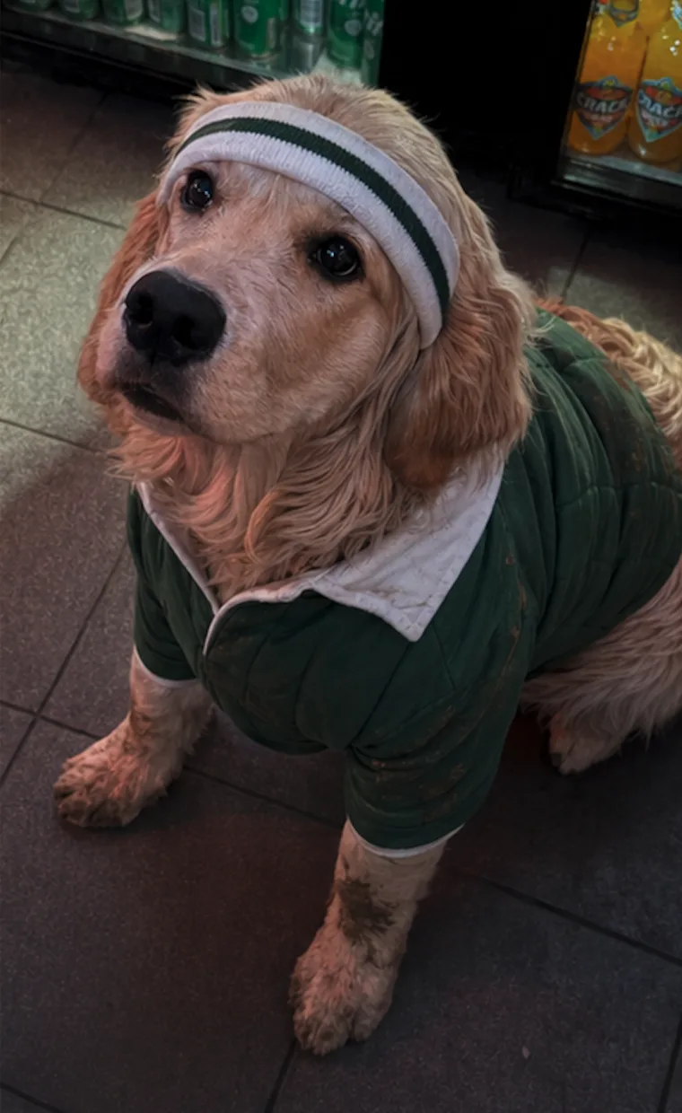Whiskey wearing green rugby gear and a white headband at Shamrock Sports Bar