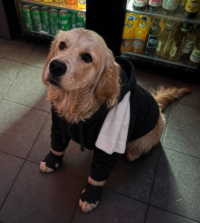 Whiskey wearing a black fight-night coach hoodie at Shamrock Sports Bar