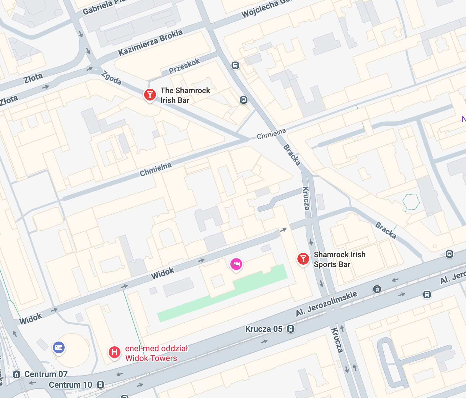 Map of central Warsaw showing The Shamrock Irish Bar at Zgoda 5 and Shamrock Irish Sports Bar at Krucza 51