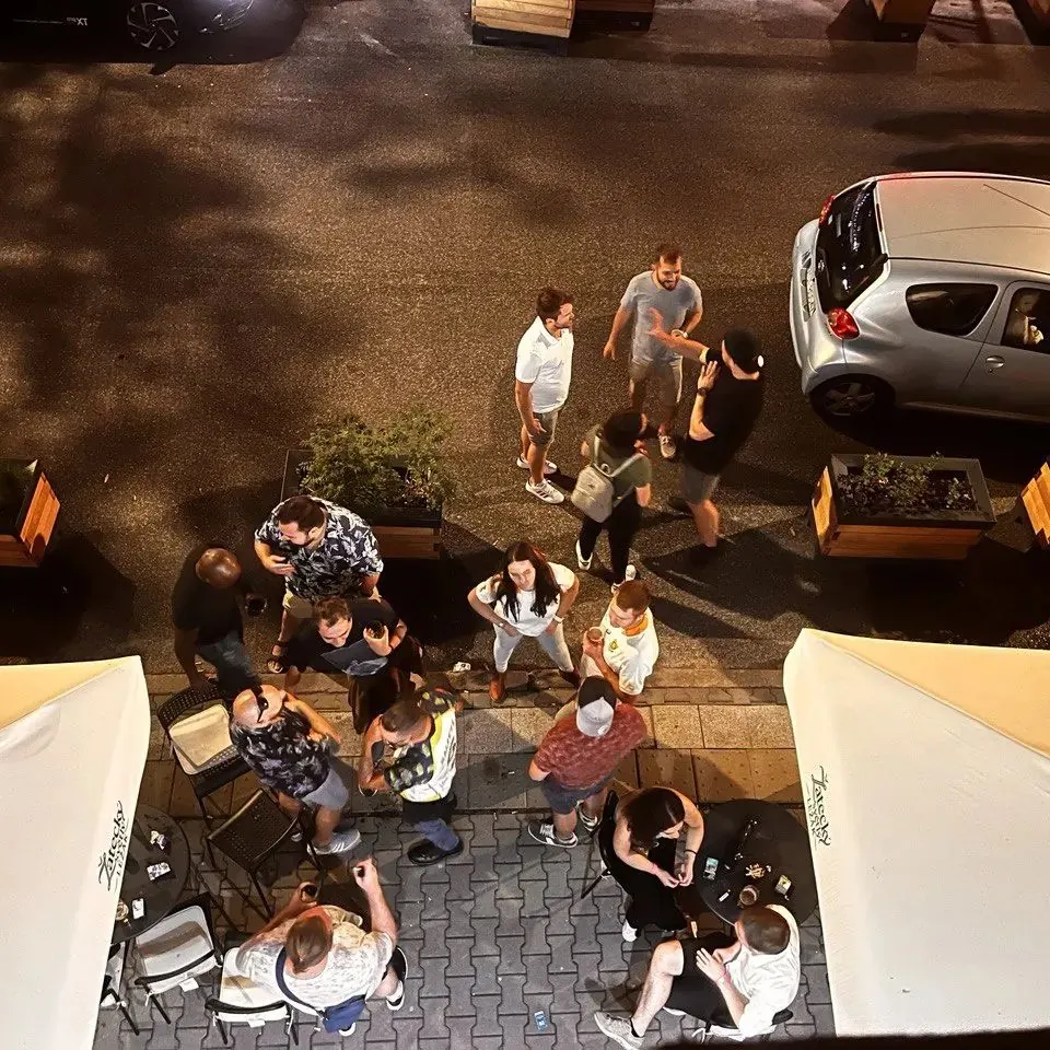 Retractable balcony, roof open, the room full below