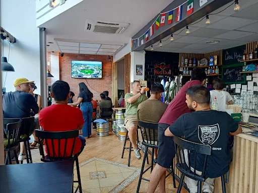 Packed bar during a match, flags overhead, screen lit